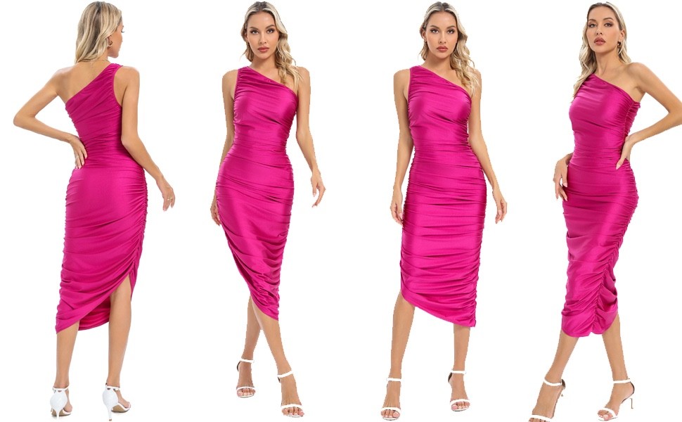 Capuffy Women’s One Shoulder Pencil Dress Ruched Bodycon Dresses MED Wine Red