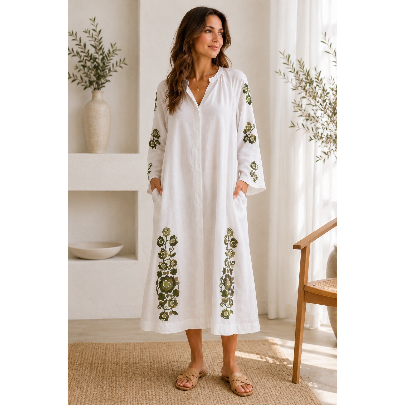 Seam White Linen Embroidered Floral Midi Dress V119-188 Made in Ukraine NWT XS S