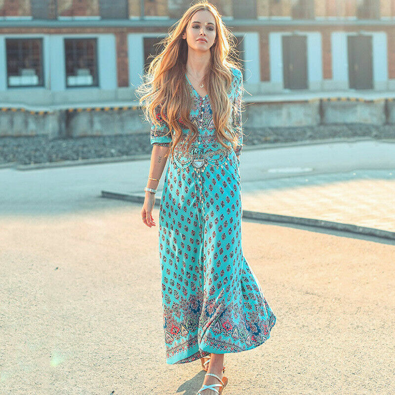 Women’s Lady Boho Kimono Sleeve Floral Long Maxi Summer Beach Dress Sundress