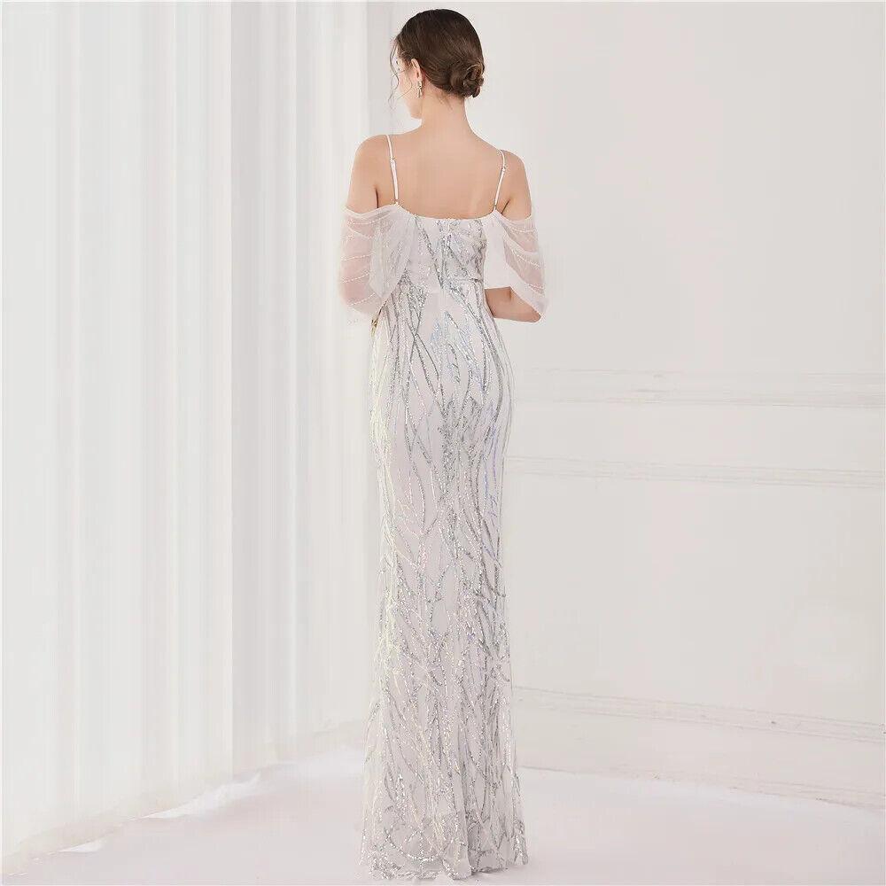 Women Performance Mesh Green Elegant Beading Evening Sequin Maxi Long Prom Dress
