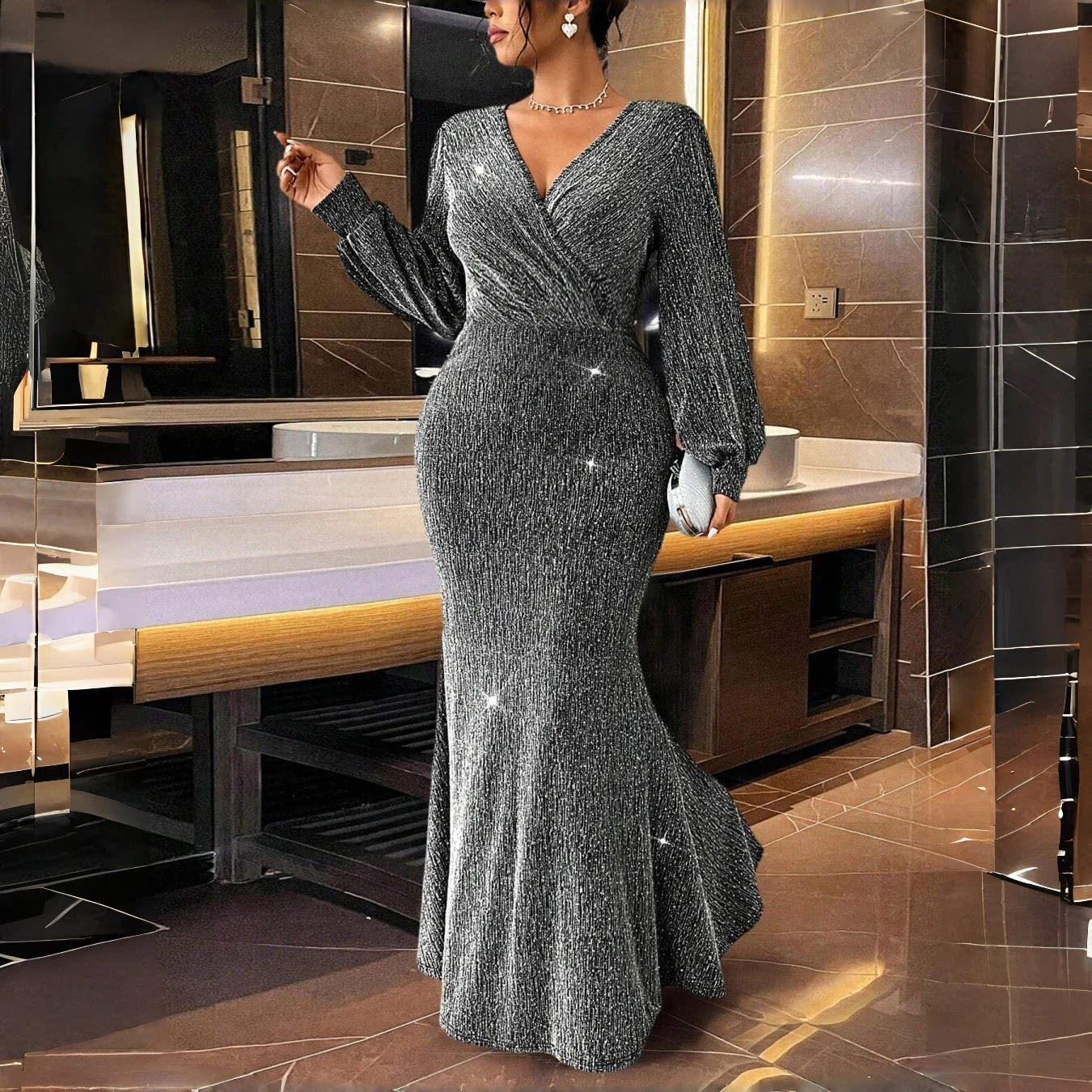 Plus Size Fashion Elegant Temperament Dress Long Sleeve V Neck Slim Evening Gown