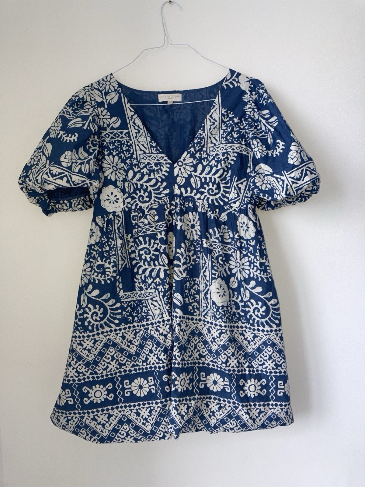 NWOT Caroline Constas Blue White Babydoll Puff Sleeve V-Neck Cotton Dress Sz L