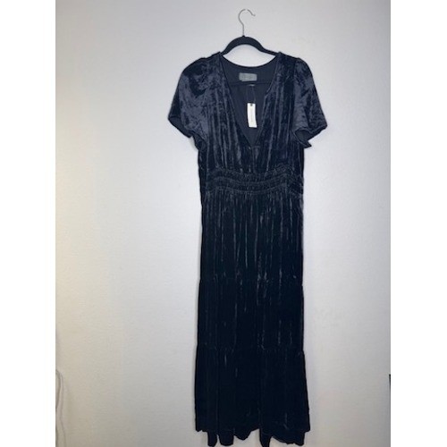 Anthropologie Velvet Maxi Dress Womens Large Black Smocked Tiered V-Neck