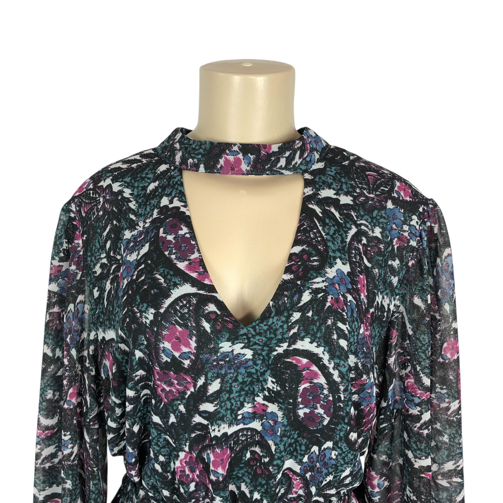 Lane Bryant Multicolor Print Belted A-Line Dress Size 16 Keyhole V-Neck Floral
