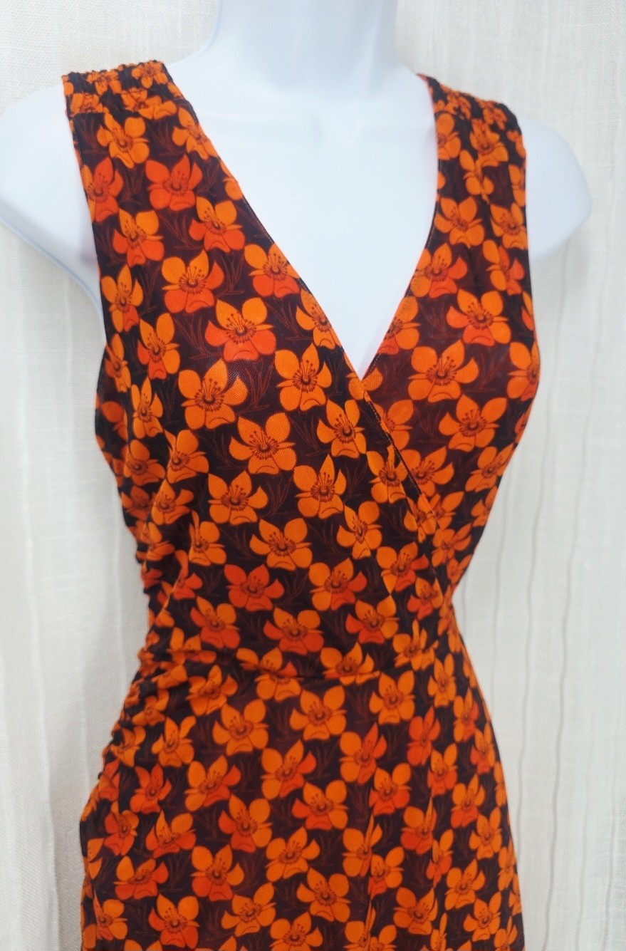 CAbi Reversible Midi Flip Dress Floral & Dots Wide Strap Cinched Accents👗#6370