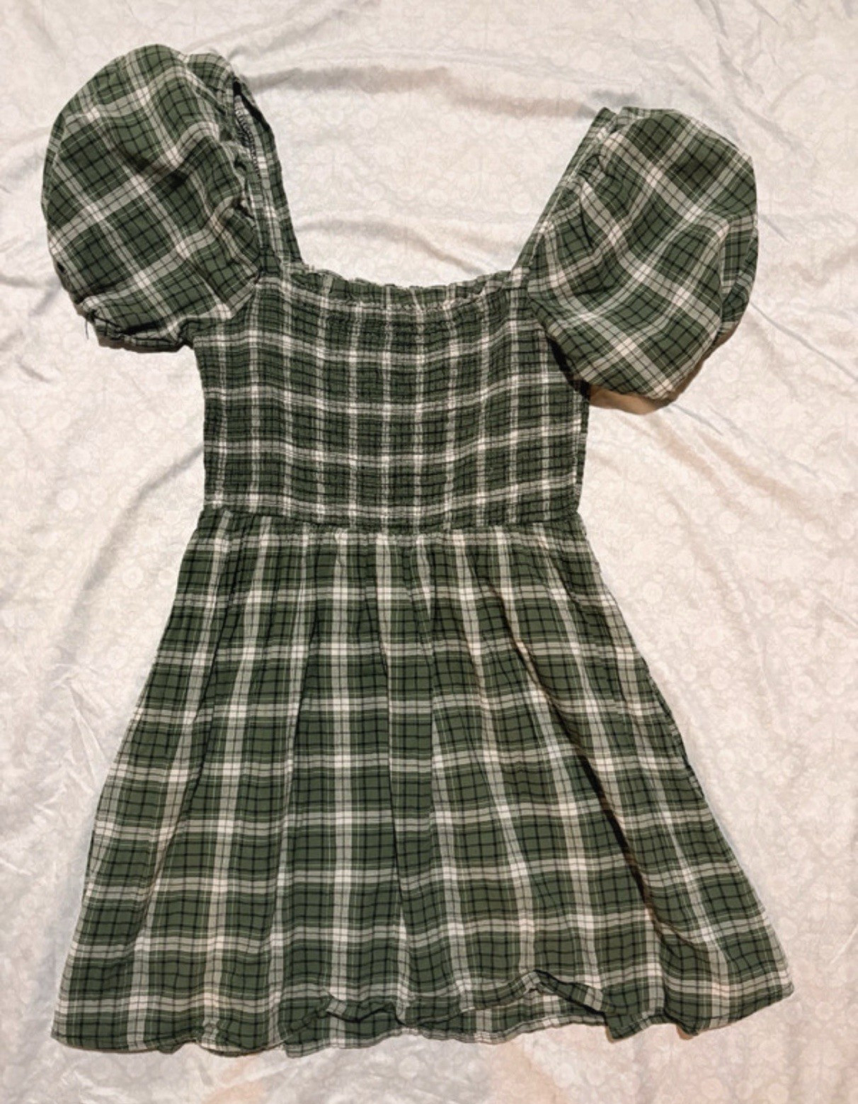 Cotton On Green/White Plaid Smocked Puff Sleeve Square Neck Sundress S/P