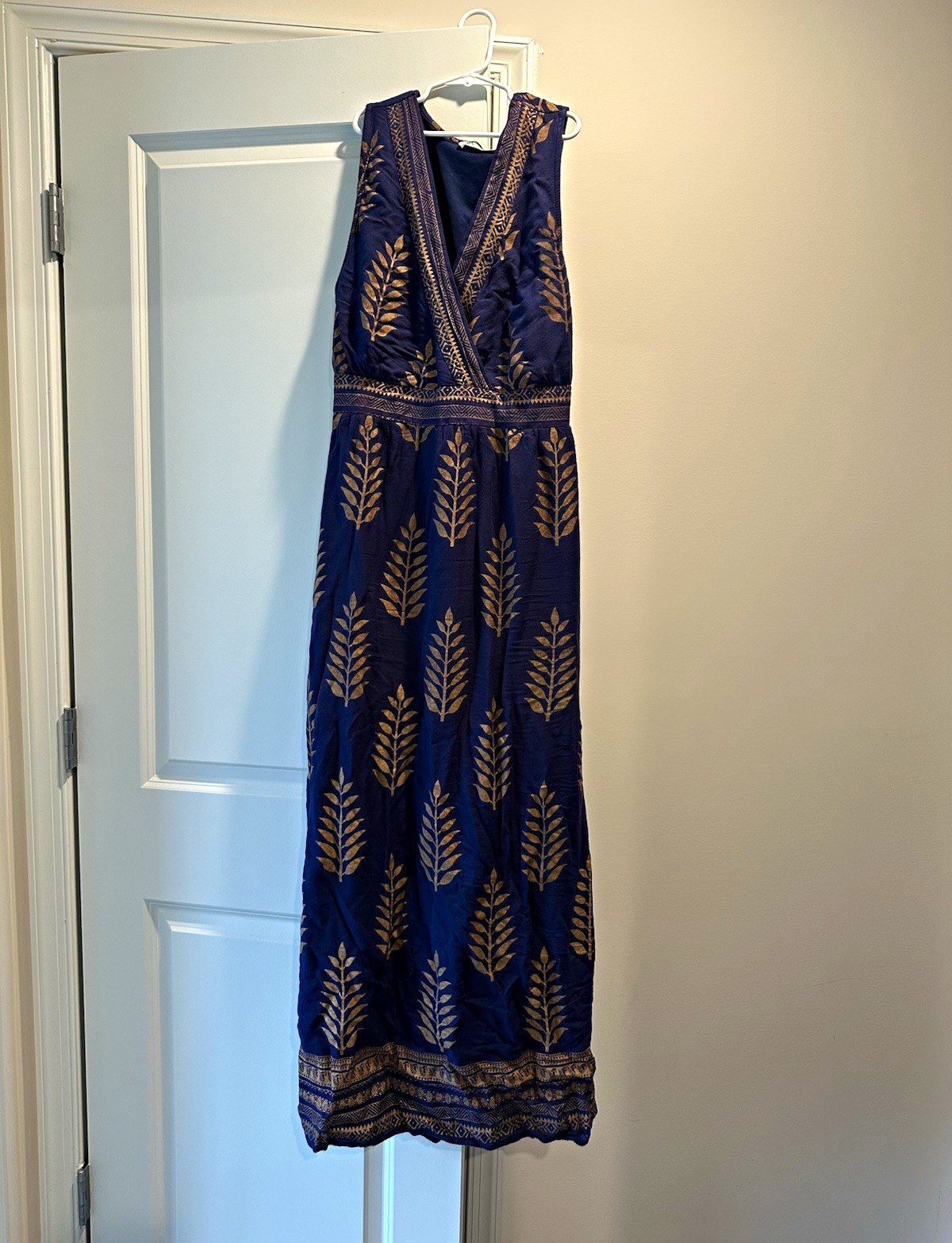 Women’s Blue Floral Leaf Print Sleeveless Scoop Neck Long Maxi Dress Size L