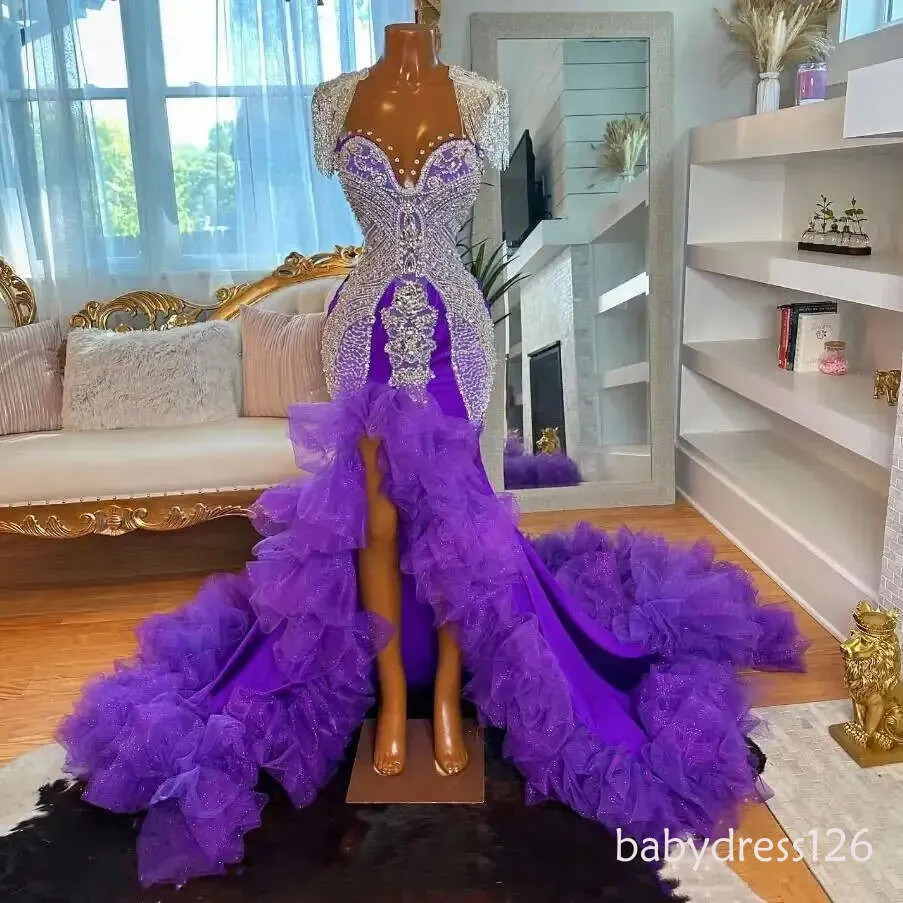 Luxury Purple Sexy Prom Dresses For Black Girls Tassels Ruffles Gratuation Party