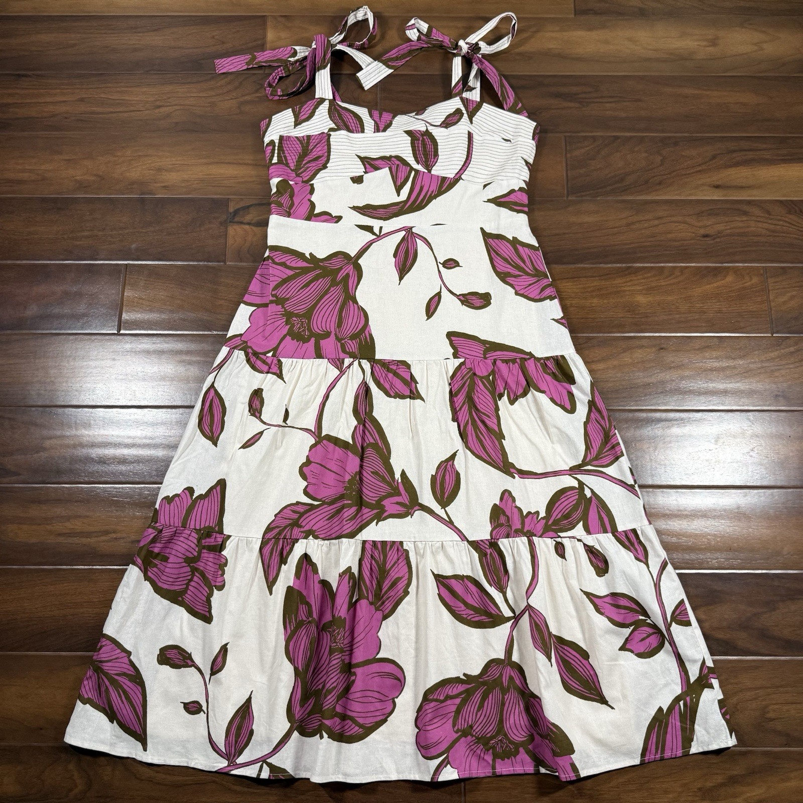 Adelyn Rae Women’s Size XL Cream Pink Floral Melrose Tie Shoulder Midi Dress