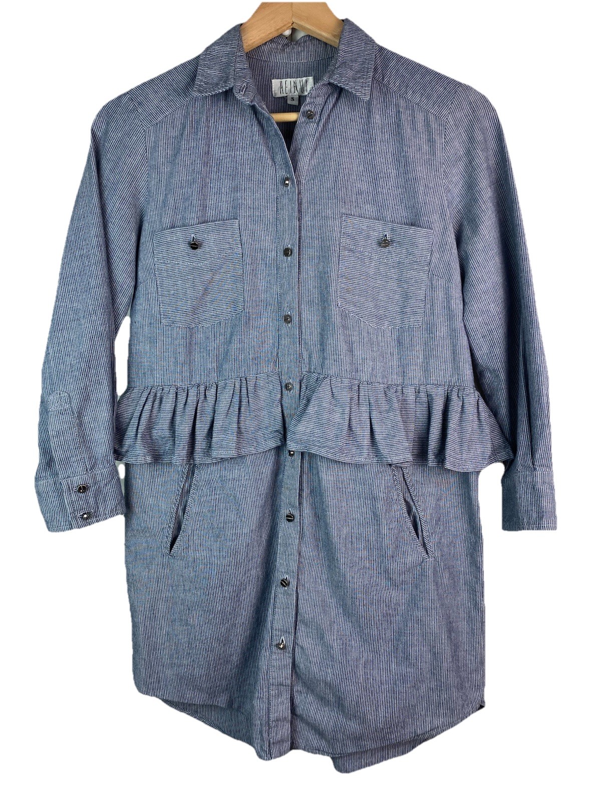Heinui Henry Women’s S Blue Hickory Striped Ruffle Mini Dress Made in Spain