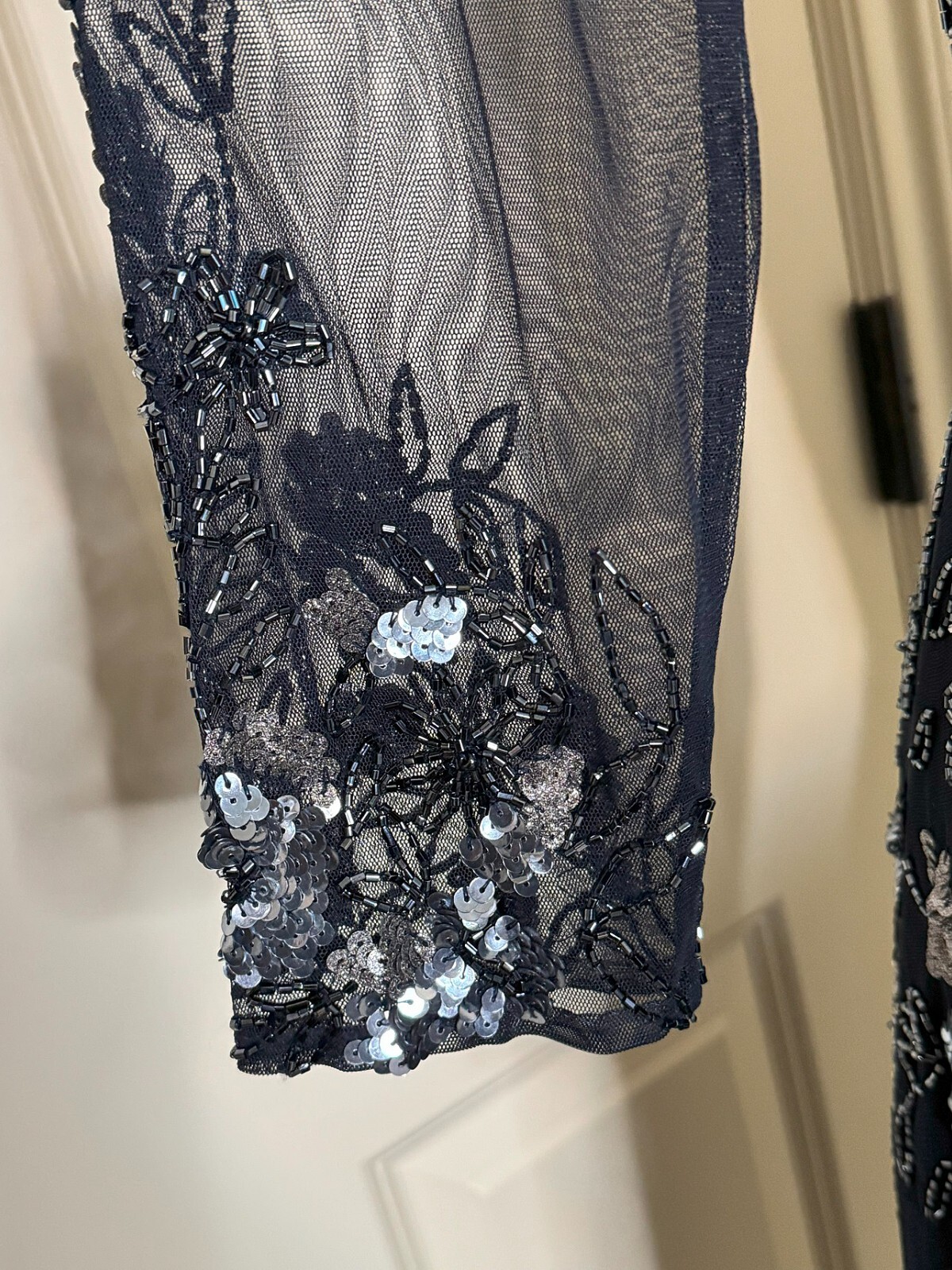 Adrianna Papell Floral Sequin Beaded Sheer Navy Dress NWT Size 6
