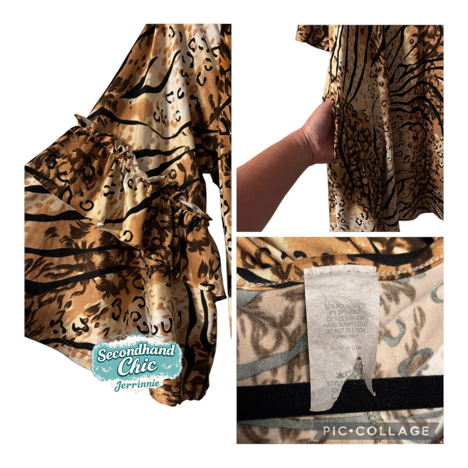 Animal Print Ruffle Bell Sleeve V-Neck Tunic Dress with Pockets Brown Tan Large