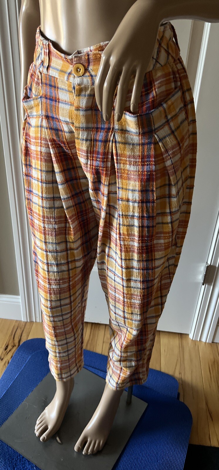 FREE PEOPLE Make A Stand Pant Plaid Pockets Belt Loops Size SMALL Multi Striped