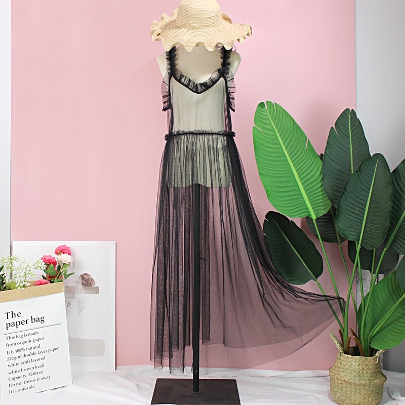 Lady Lace Mesh Strappy Dress Sheer Midi See Through Ruffles Sleeveless Sexy Chic