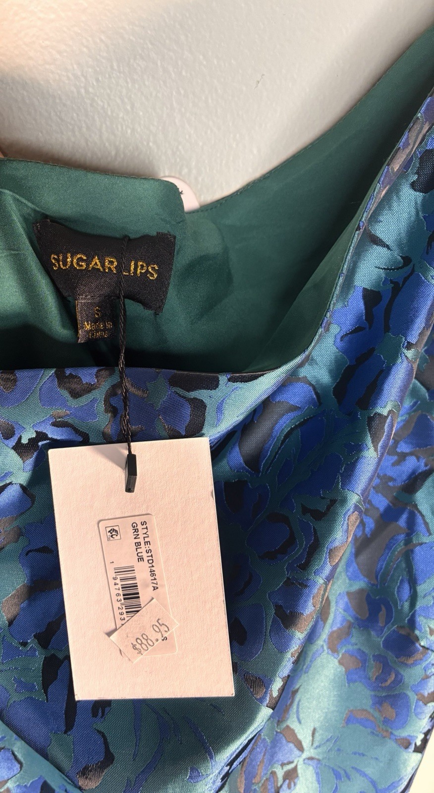 Sugarlips Blue Green Black Floral One Shoulder Satin Midi A-Line Dress S