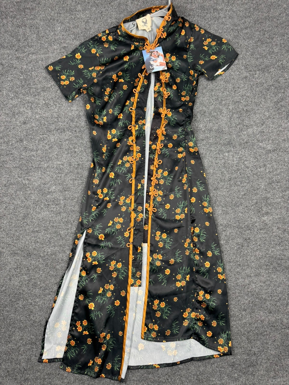 Sacred Hawk XS Black Floral Frog Closure Midi Dress Cheongsam Qipao New