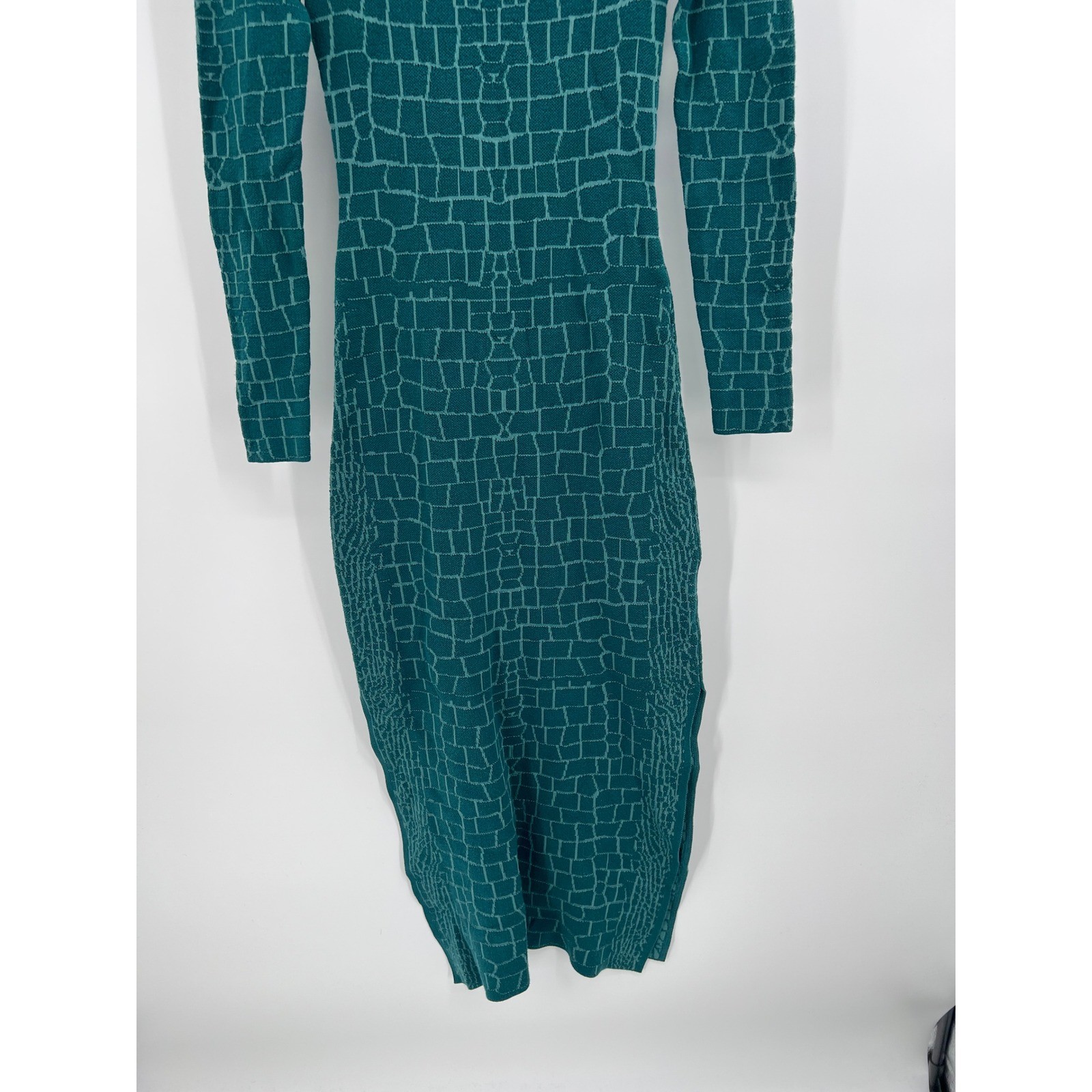 STAUD Teal Green Croc Embossed Jacquard Mock Neck Midi Sweater Dress XS