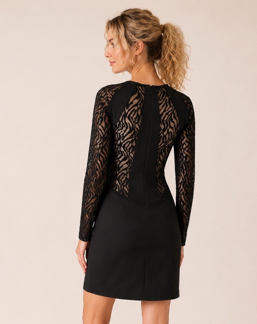 Parker Black Sheath Dress Lace Long Sleeve Round Neck Zip Back Stretch Size S
