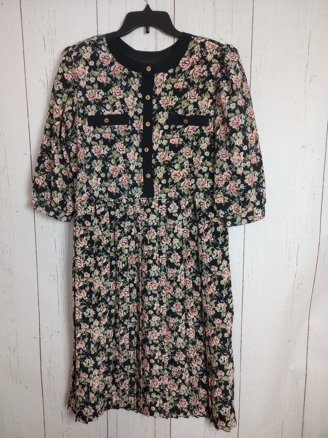Vintage Dress 14 Large Long Sleeve Pleated Black Pink Flowers Secretary Breli