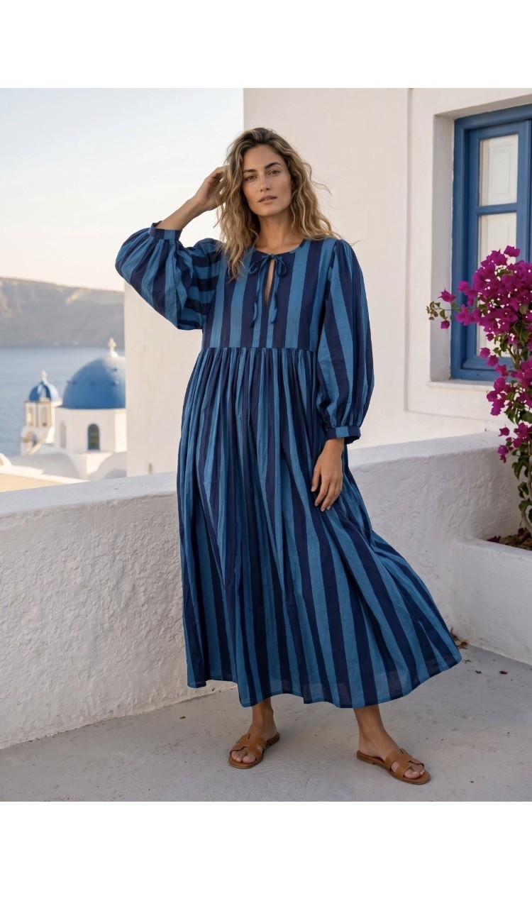 Handmade Blue Striped Cotton Maxi Dress, Boho Balloon Sleeve Dress Perfect Dress