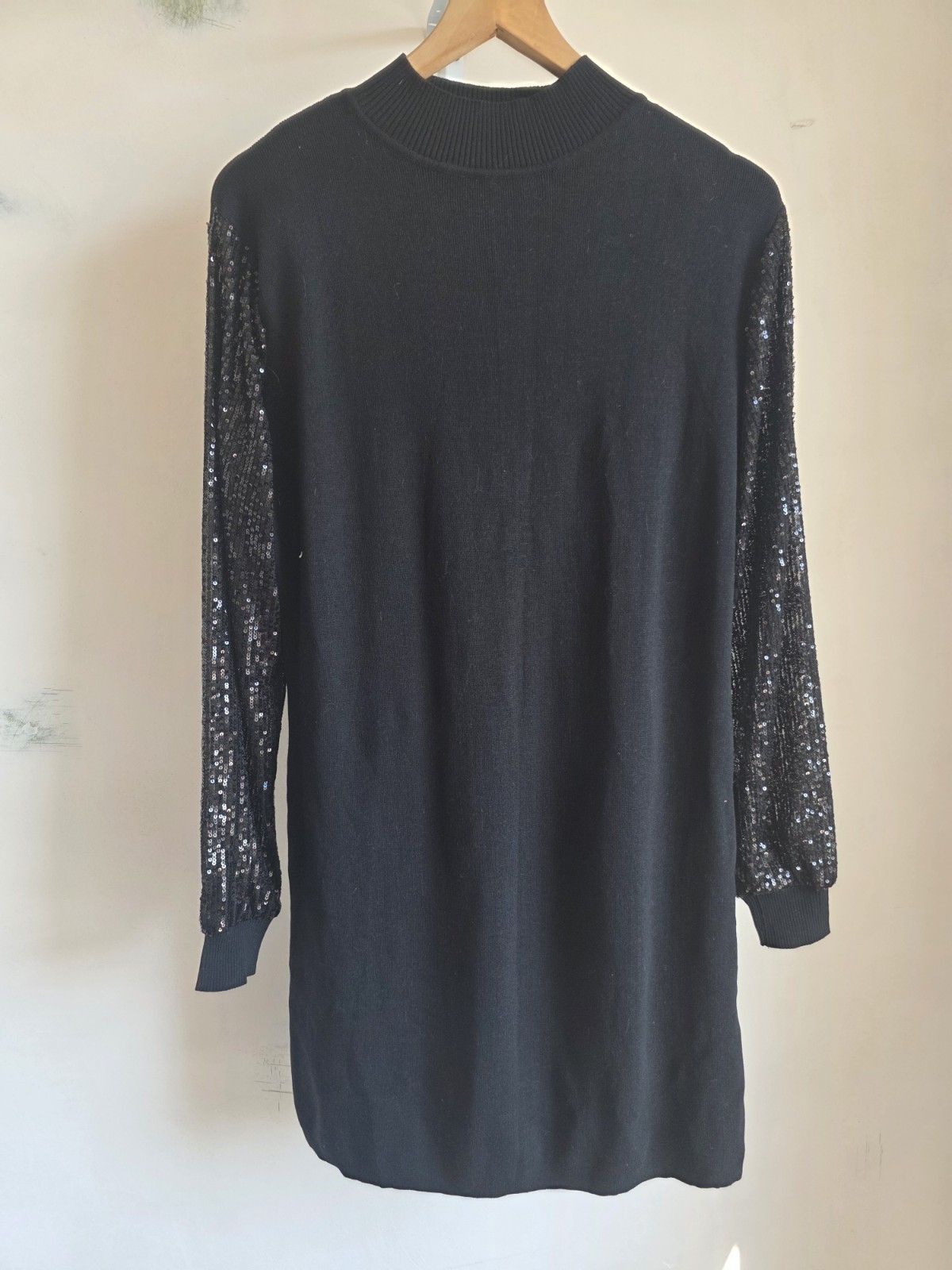 LAETITIA MEM Black Sequin Sleeve Jumper Dress Tunic Size UK 12 Party Sparkle y2k