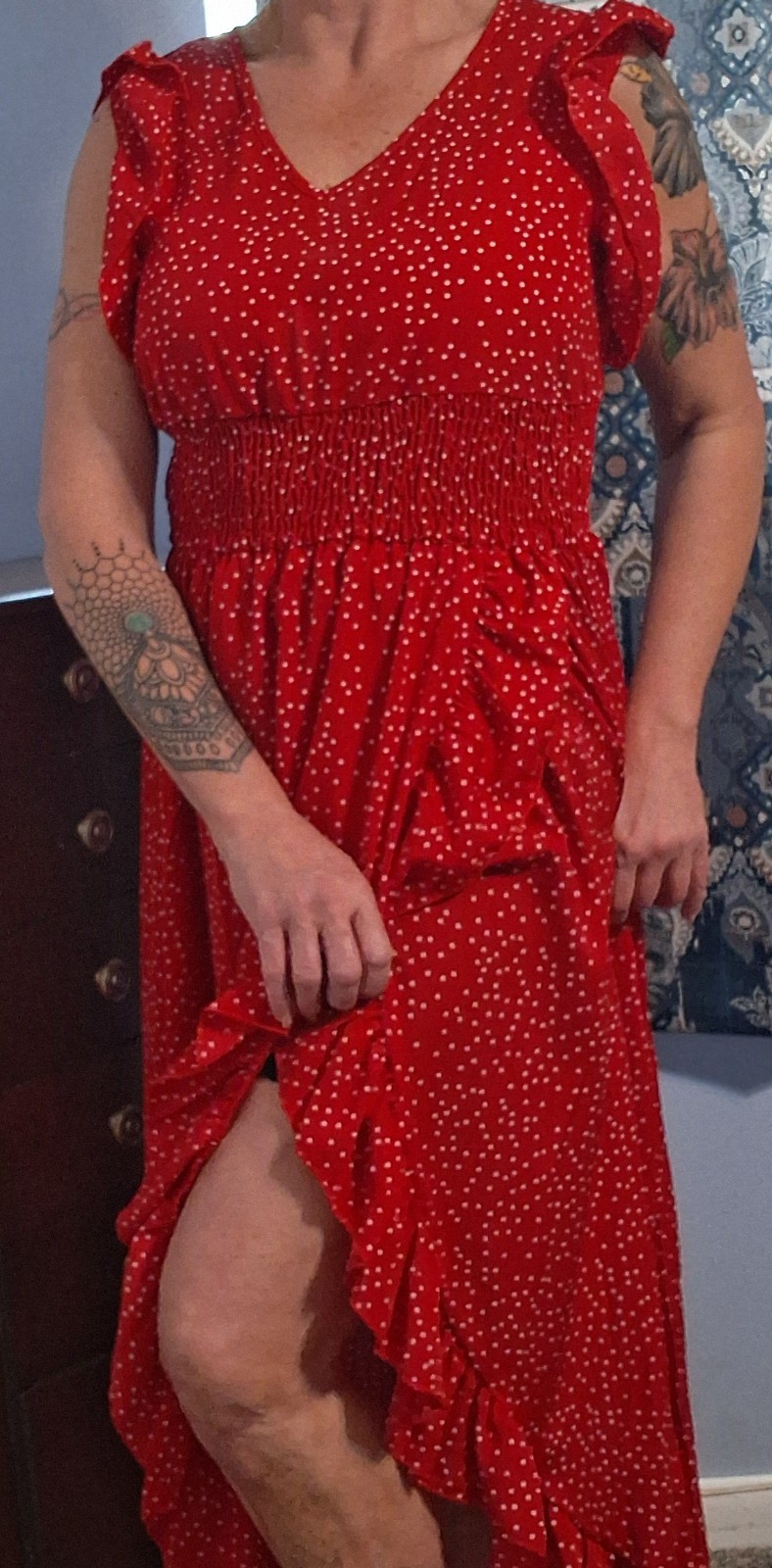 red silky ruffle dress large