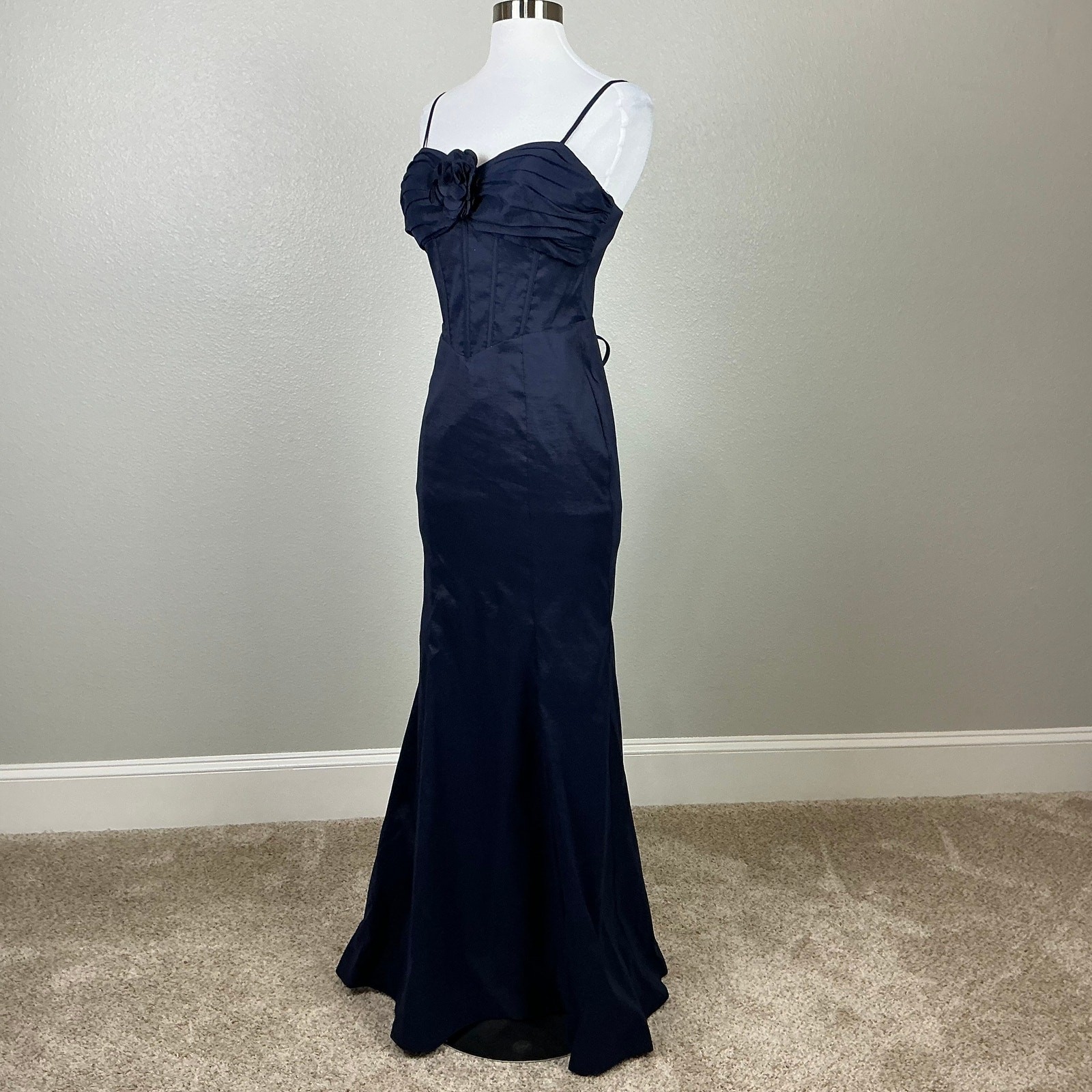 Blondie Nites Navy Blue Evening Gown Satin Lace Up Formal Mermaid Dress Size 7