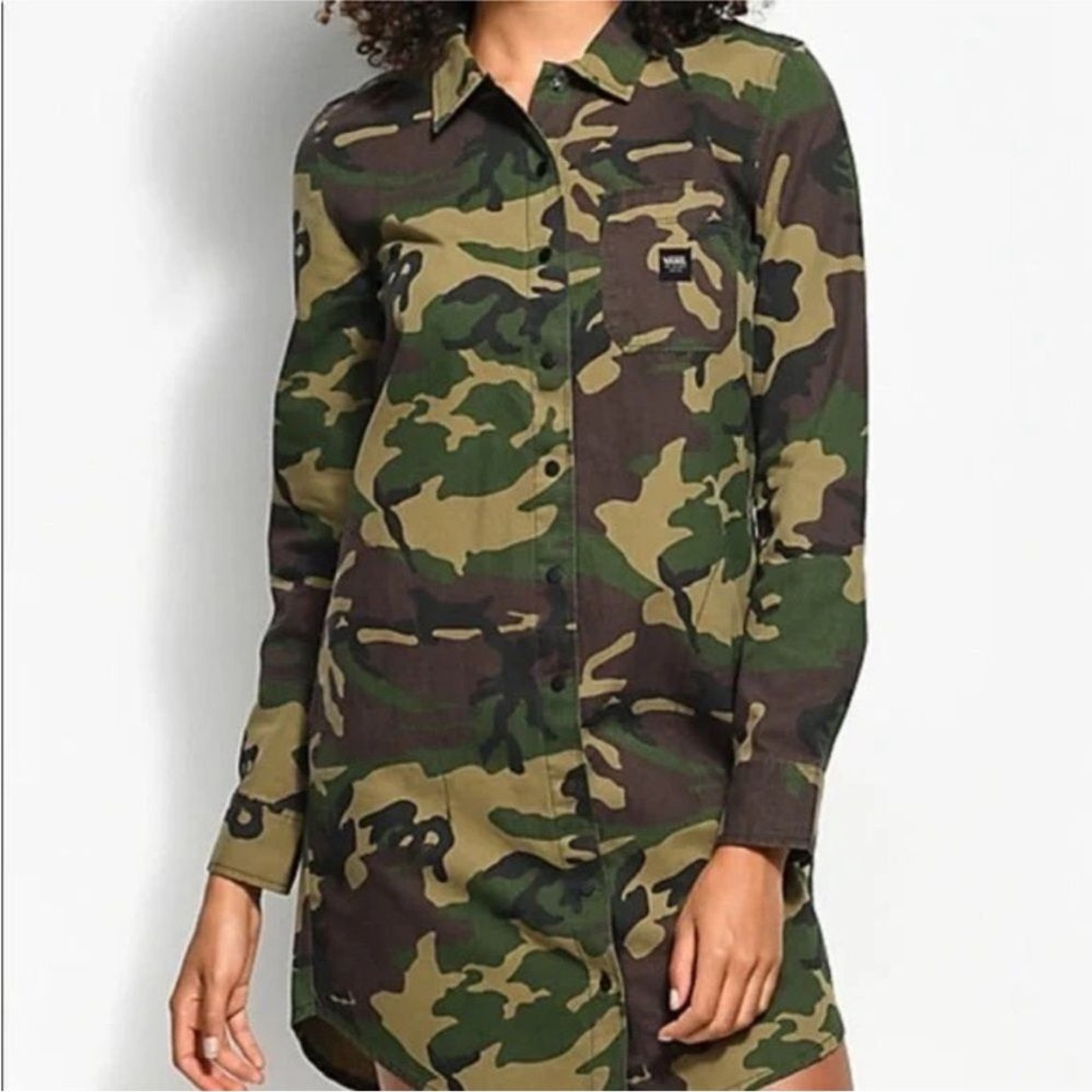 VANS Camouflage Army Camo Green Shirt Dress Snap Button Grunge Medium