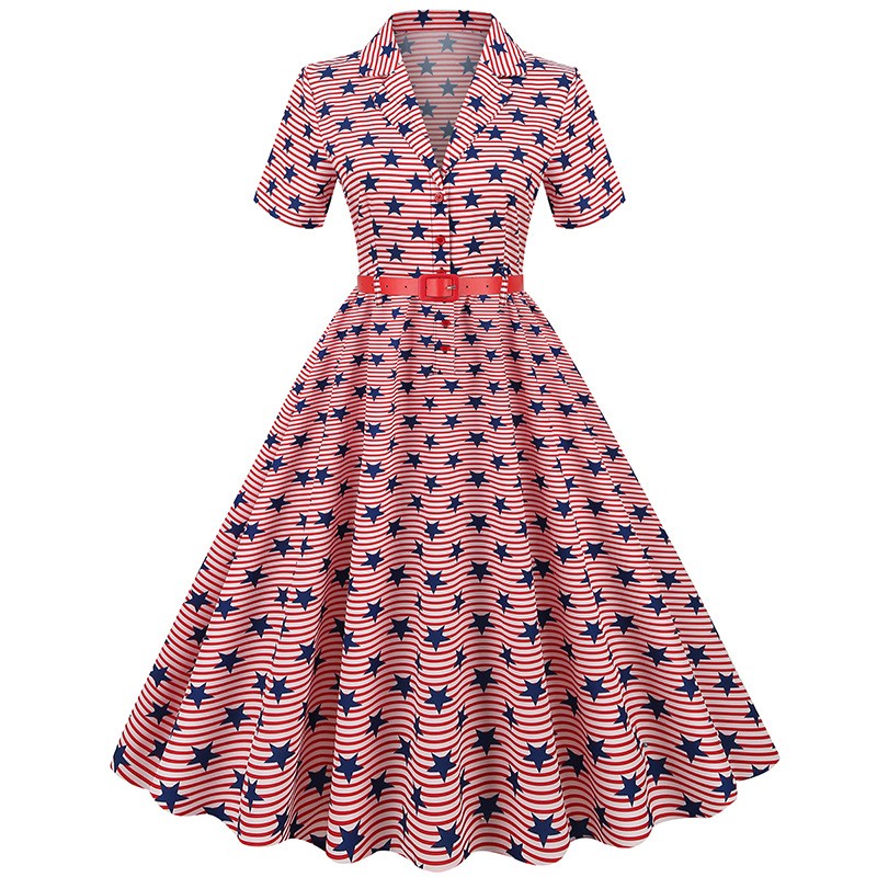 Women American national flag Short sleeve printing High waisted Retro Dress