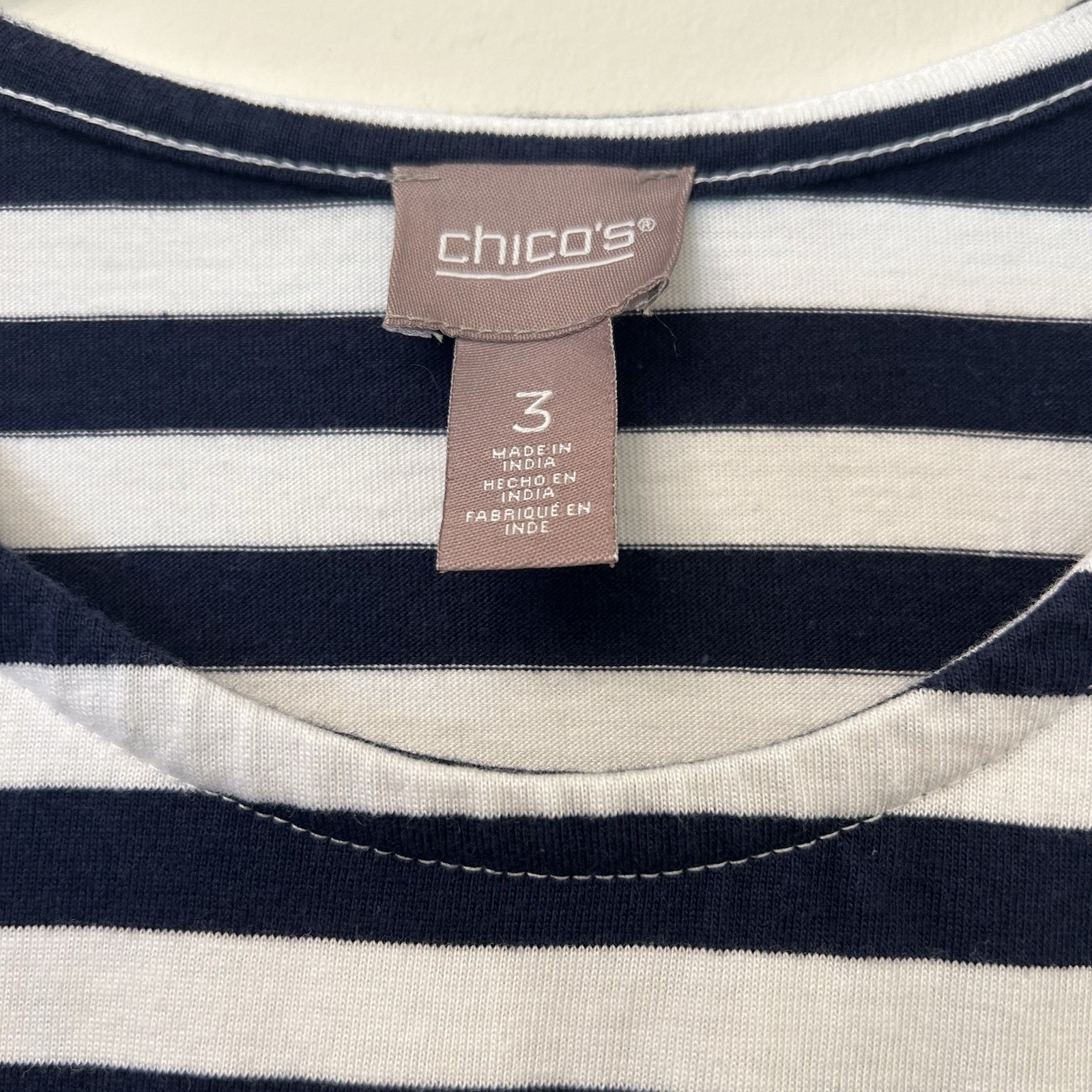 Chico’s Size 3 Navy Blue And White Cotton Blend Striped Sleeveless Sun Dress