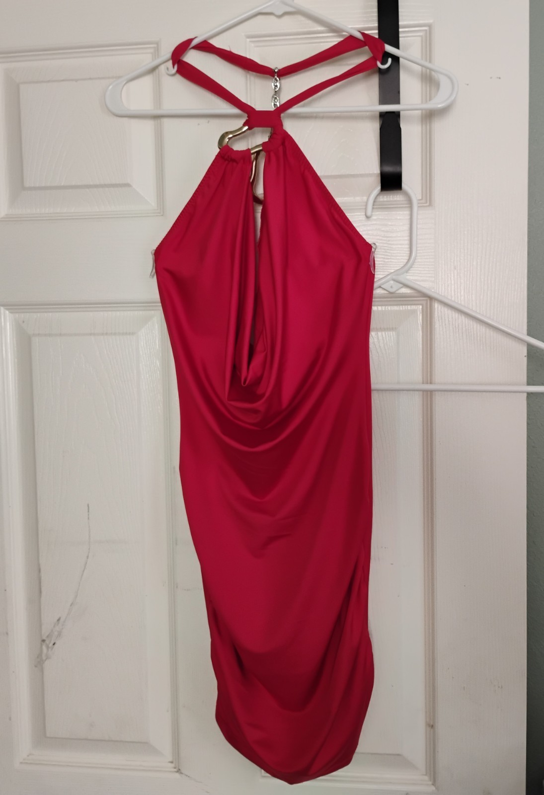 Bodycon Halter Red Dress XS Ruched Open Back