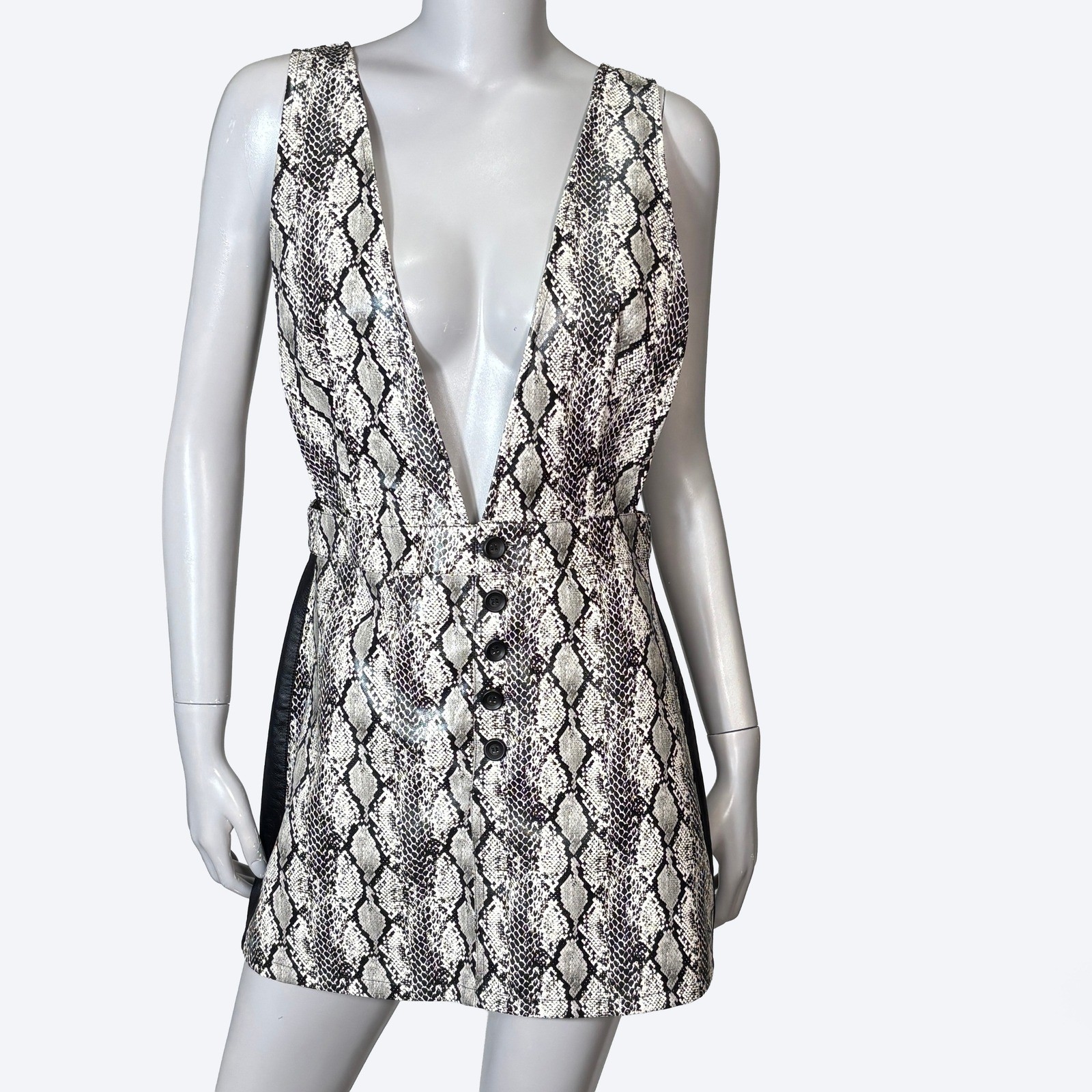 Snakeskin Print Vinyl Faux Leather Plunging Mini Dress Womens M Pinafore