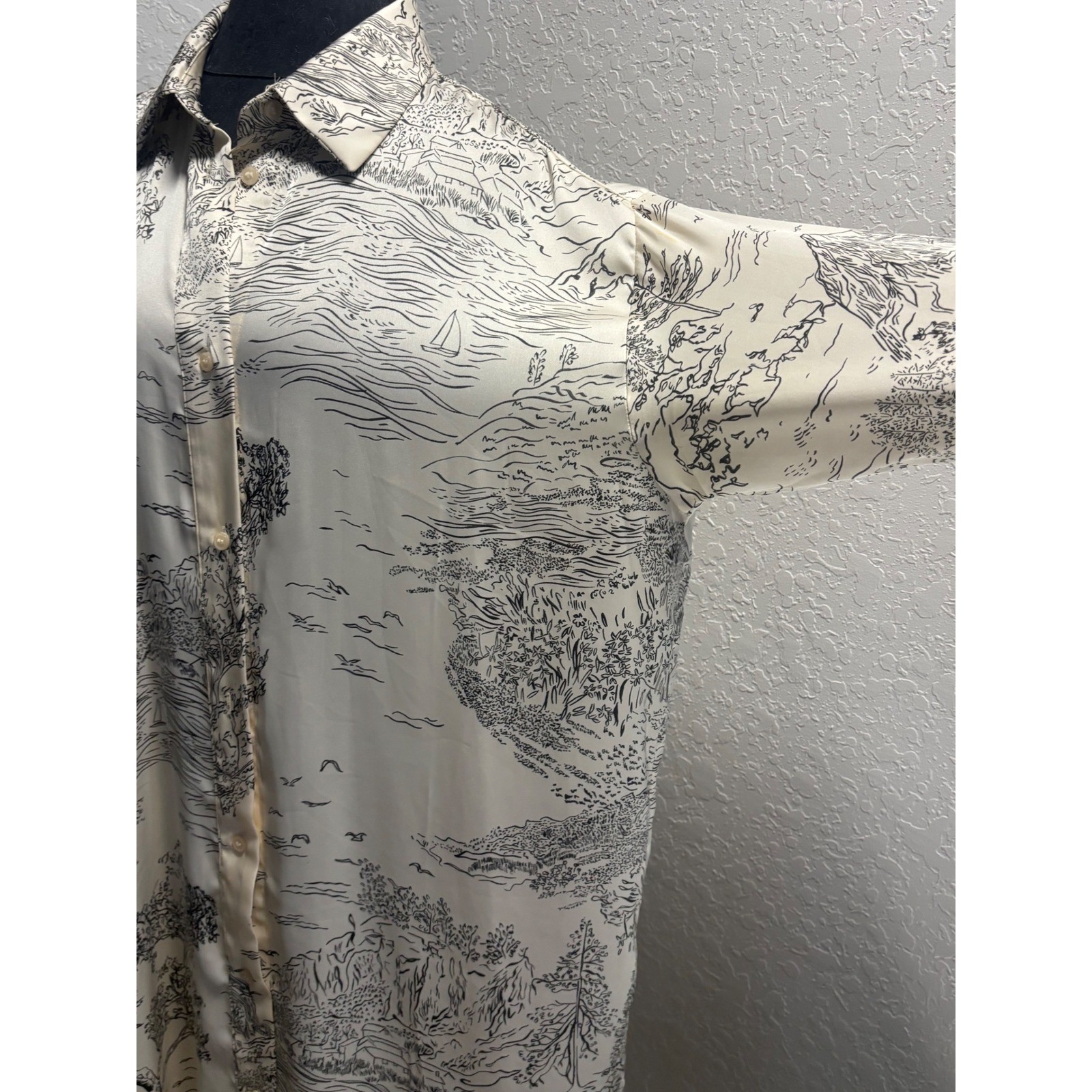 HM Womens Large Cream Black Scenic Toile Print Satin Shirt Dress Long Sleeve L