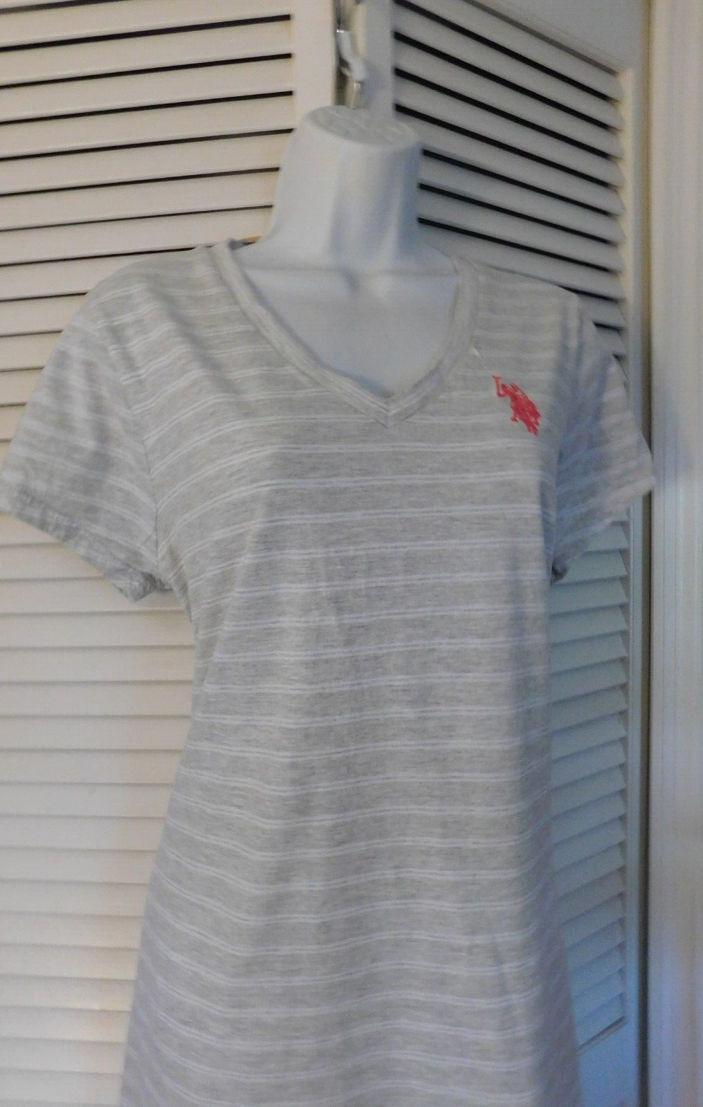 US Polo Assn Size L Grey Stripe Womens Stetch Cotton Knit Logo Slimming Dress