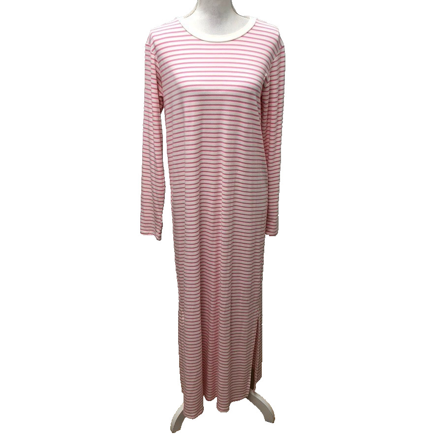 Mod Ref Jaya Dress Womens Medium Side Slit Maxi Long Sleeve Pink Stripe Comfort
