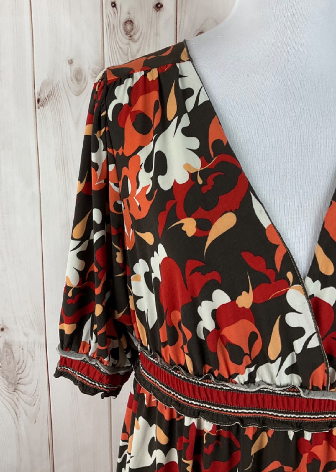 Max Edition Multicolor V-Neck Faux Wrap 3/4 Sleeve Ruffle Midi Dress Size XL