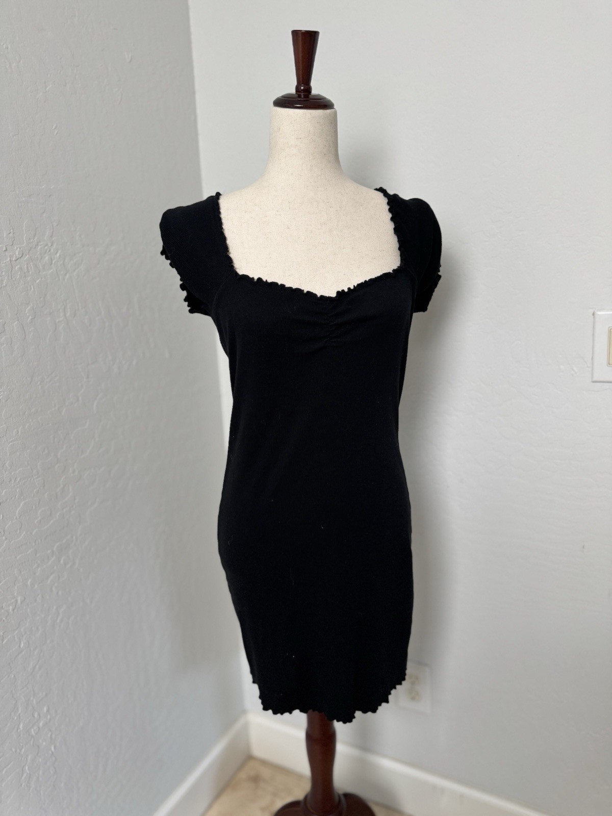 Abound Lettuce Edge Black Dress Cotton Blend Jersey Stretch Ribbed Women M