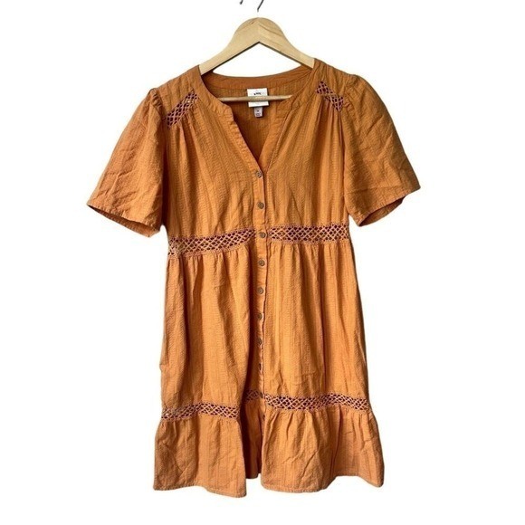 Knox Rose Eyelet Boho Tiered Ruffle Mini Dress Size M Cotton Button Front Short
