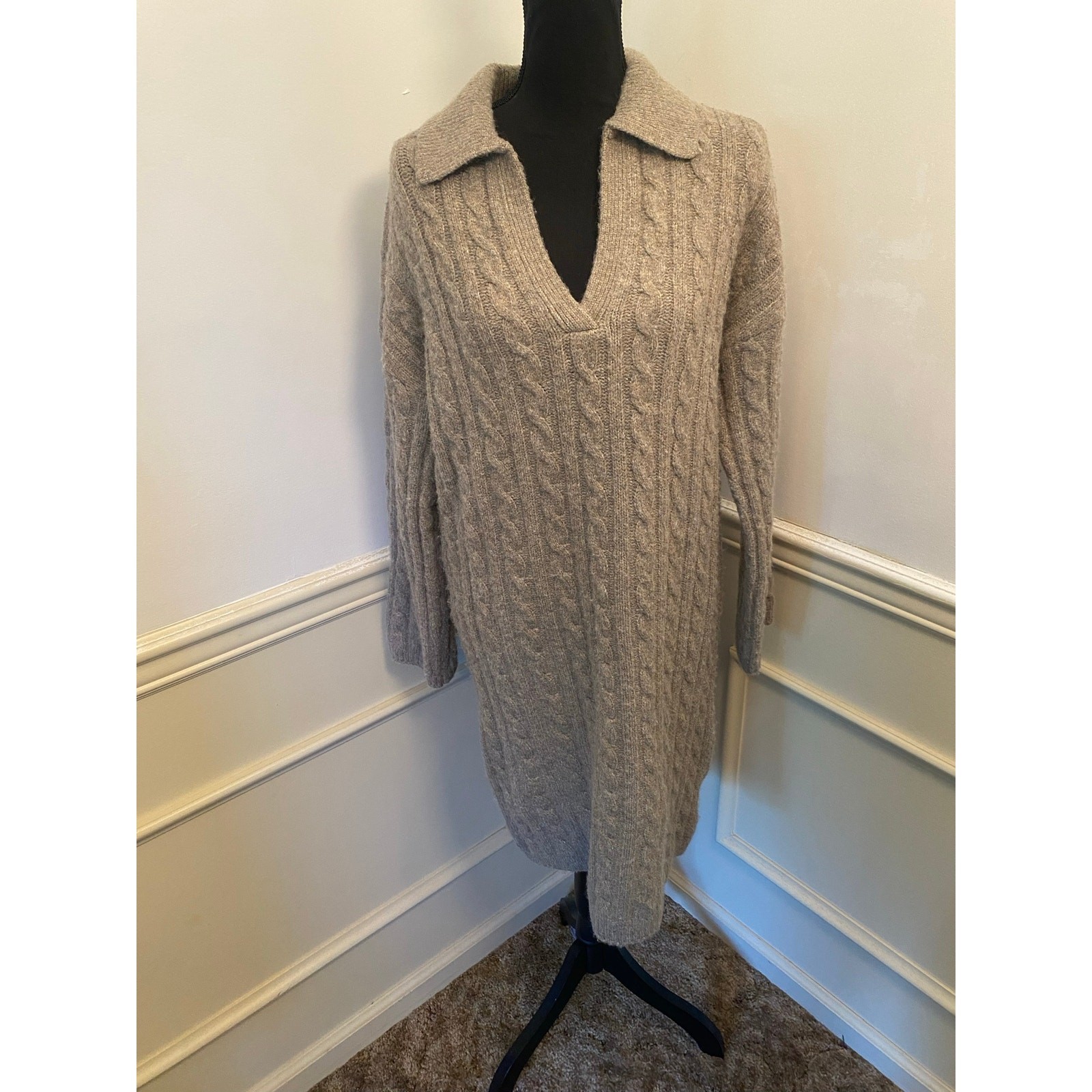 Magaschoni Cable Knit Polo Fold Over Collar Sweater Dress V Neck Quiet Luxury