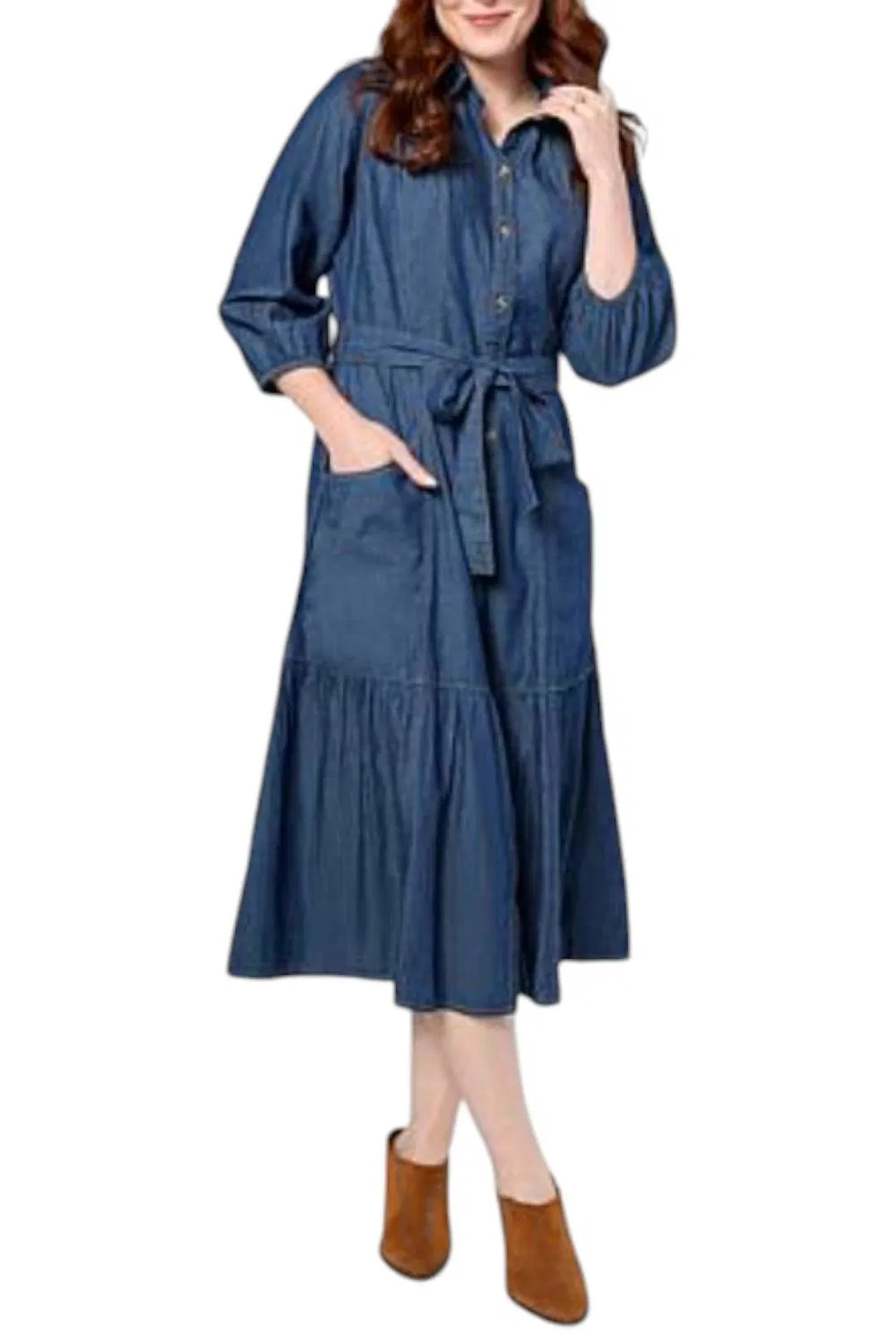 Christie Brinkley Women’s Belted Denim Midi Dress Dark Wash