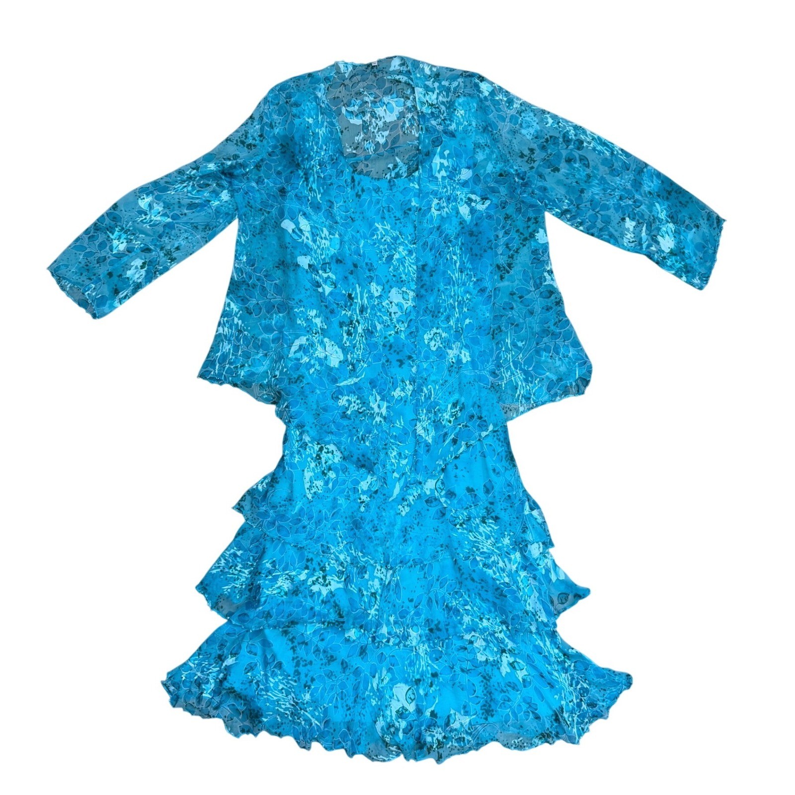 Silk Floral Burnout beaded Tiered Dress & Jacket Set 14 Fairy whimsy blue