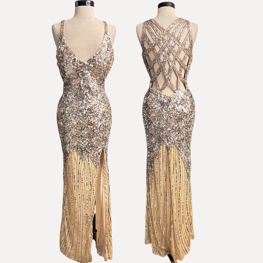 Gold Silver Sequin Formal Gown High Slit Maxi Dress MEDIUM Holiday Prom Party