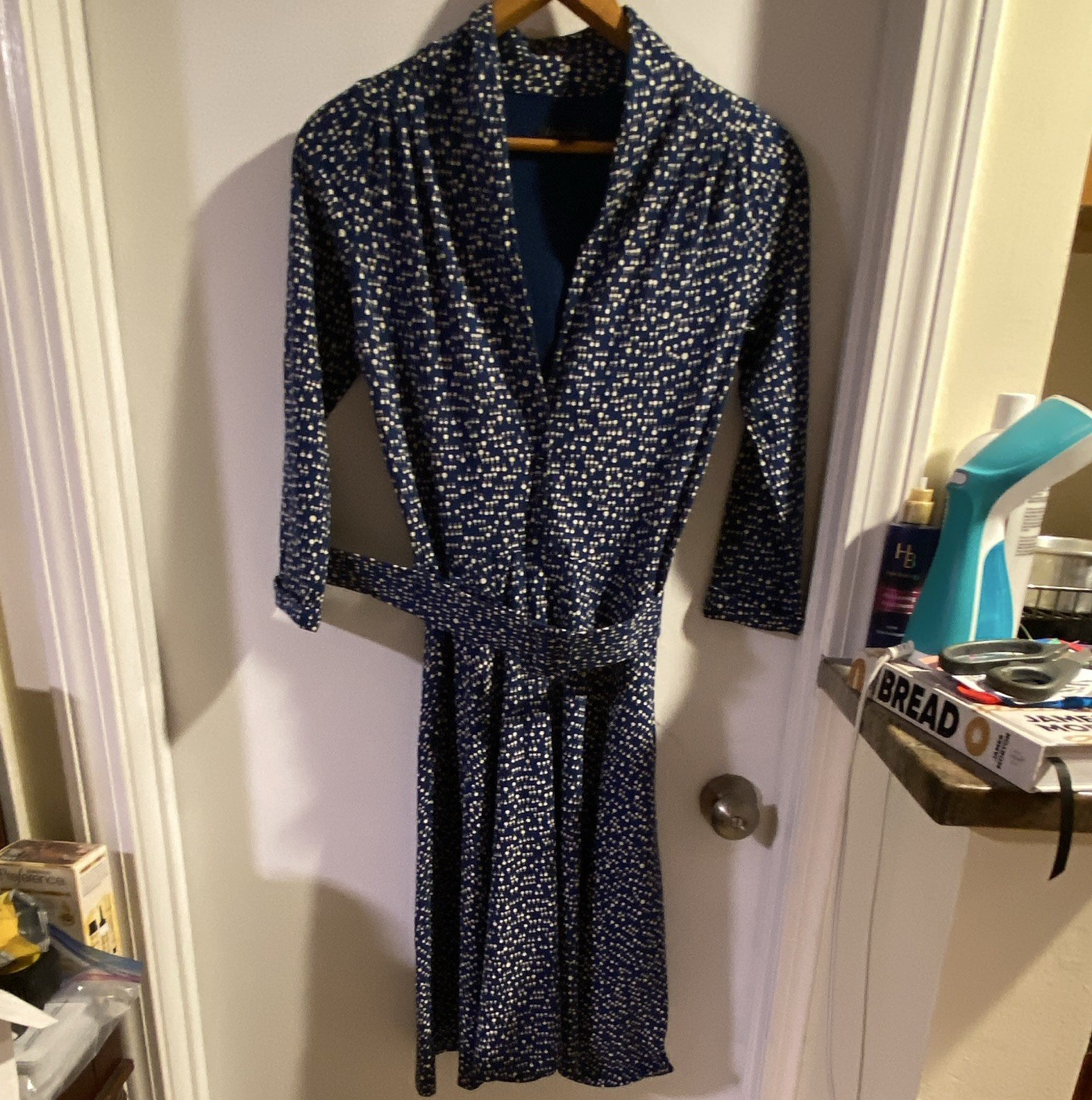 King Louie Blue/White Polka Dot Belted Shirt Dress Collared 3/4 Sleeve S