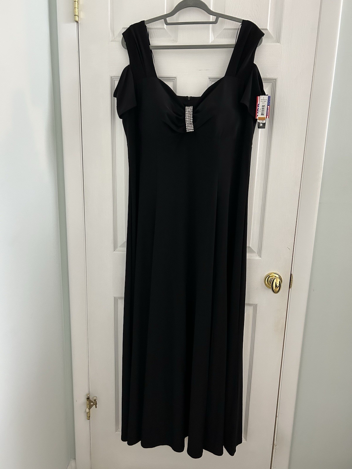 R&M Richards Black Formal Cold Shoulder Rhinestone Side Slit Long Maxi Dress 16W