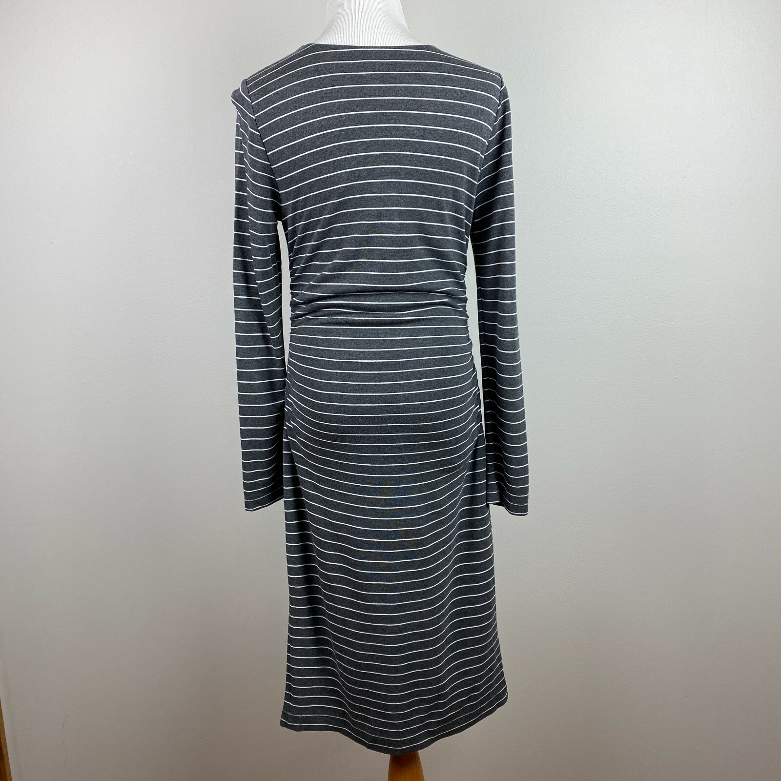 Ann Taylor Dress Small Gray White Stripe Sheath Ruched Waist Long Sleeve Career