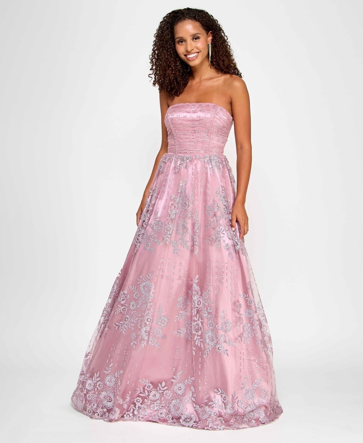 Say Yes Juniors’ Strapless Lace-Up-Back Glitter Gown – Mauve – 1/2