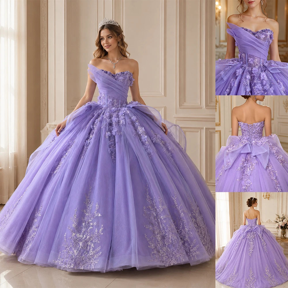 Lavender Princess Flower Quinceanera Dress Ruffled Strapless Ball Gowns for Girl