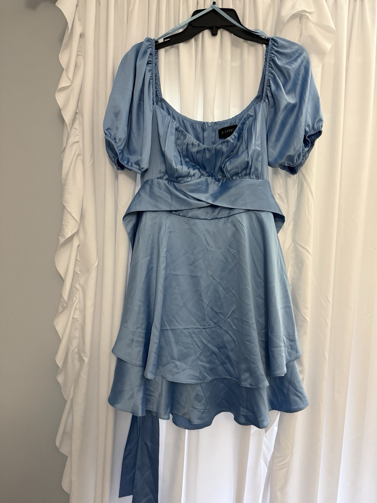 B. Smart Steel Blue Satin Puff Sleeve Tiered Ruffle Mini Dress Regencycore Style