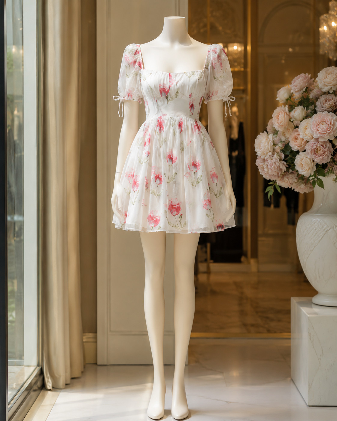 Zara White Pink Tulip Floral Puff Sleeve Mini Dress Elastic Back XS