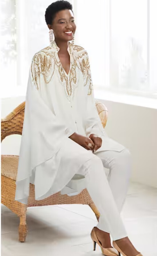 Ashro OSFM Shawna Open-Front Blue Sequin Beaded Embellished Formal Caftan